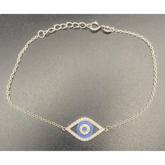 Sterling Silver Evil Eye Bracelet 925 Blue CZ Adjustable 7-8" Protection Dainty - Picture 1 of 10